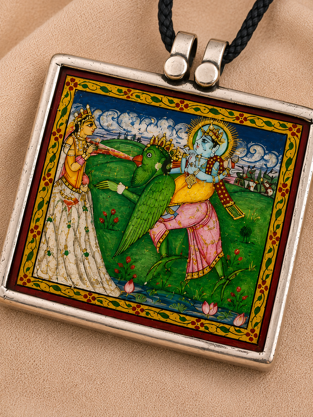 Hastakala Antique Radha Krishna Silver Miniature Painting in silver cacooban