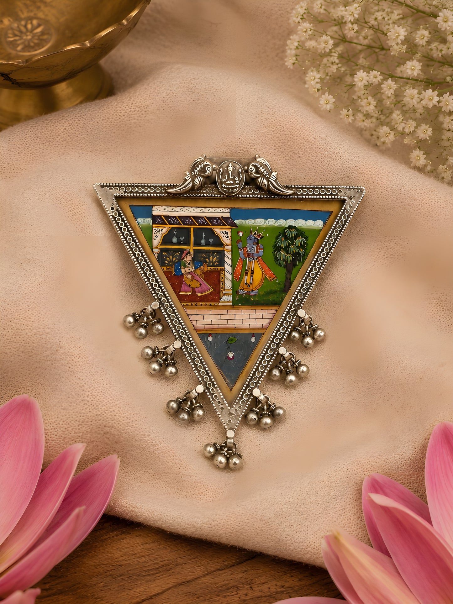 Radha Krishna Triangular Silver Miniature Pendant