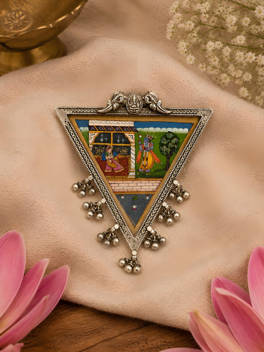 Radha Krishna Triangular Silver Miniature Pendant