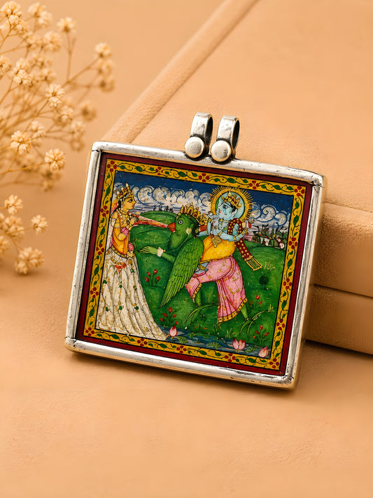 Hastakala Antique Radha Krishna Silver Miniature Painting in silver cacooban