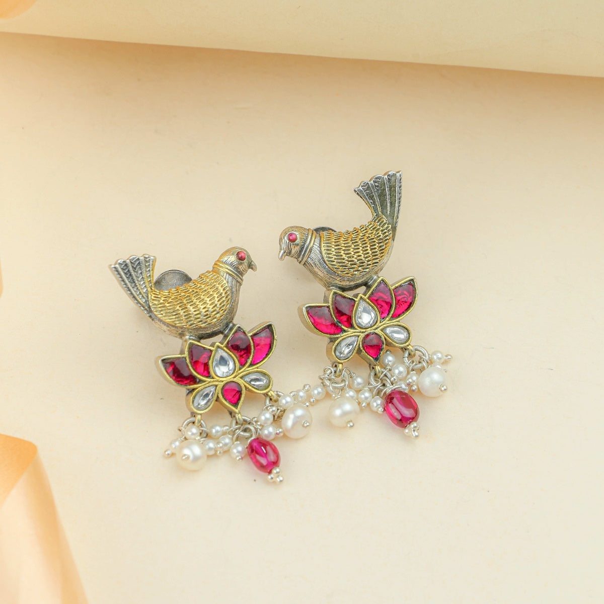 Anokhi Fusion Bird & Lotus Motif Ear Studs
