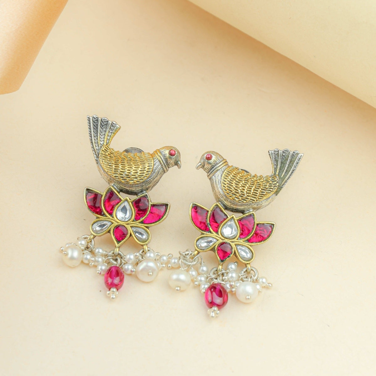Anokhi Fusion Bird & Lotus Motif Ear Studs