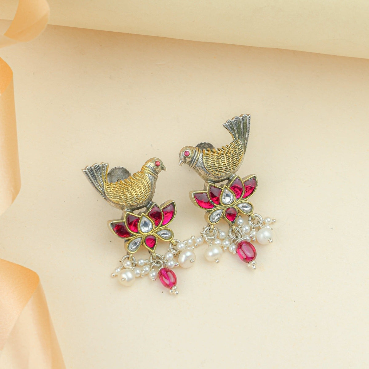 Anokhi Fusion Bird & Lotus Motif Ear Studs