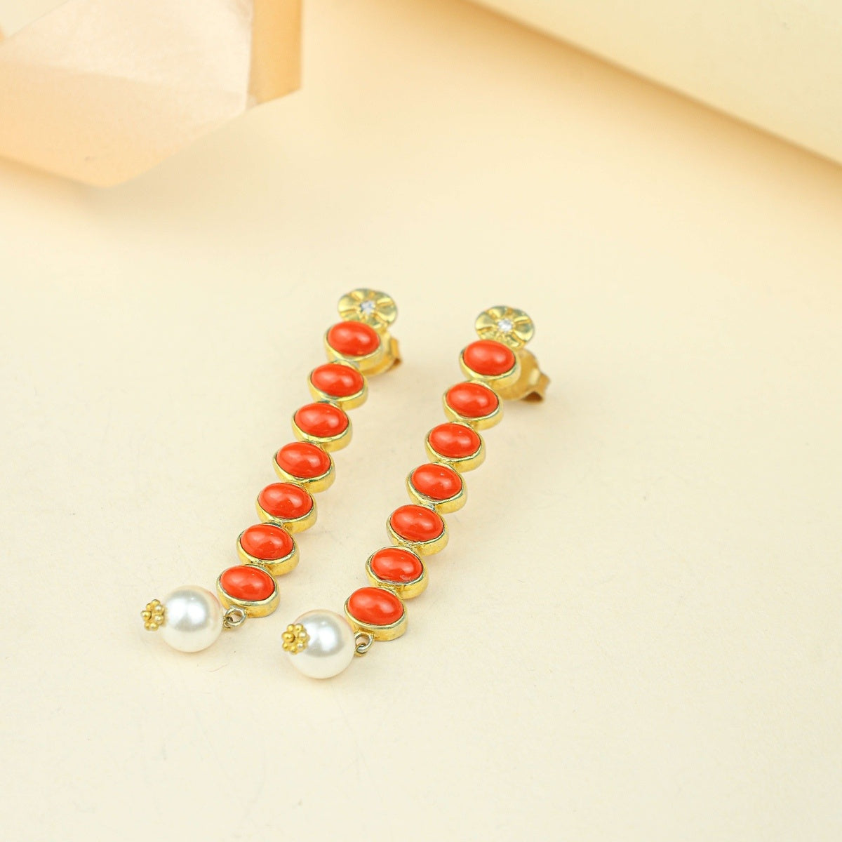 Anokhi Cascading Coral Pearl Drop Earrings – Gold Tone