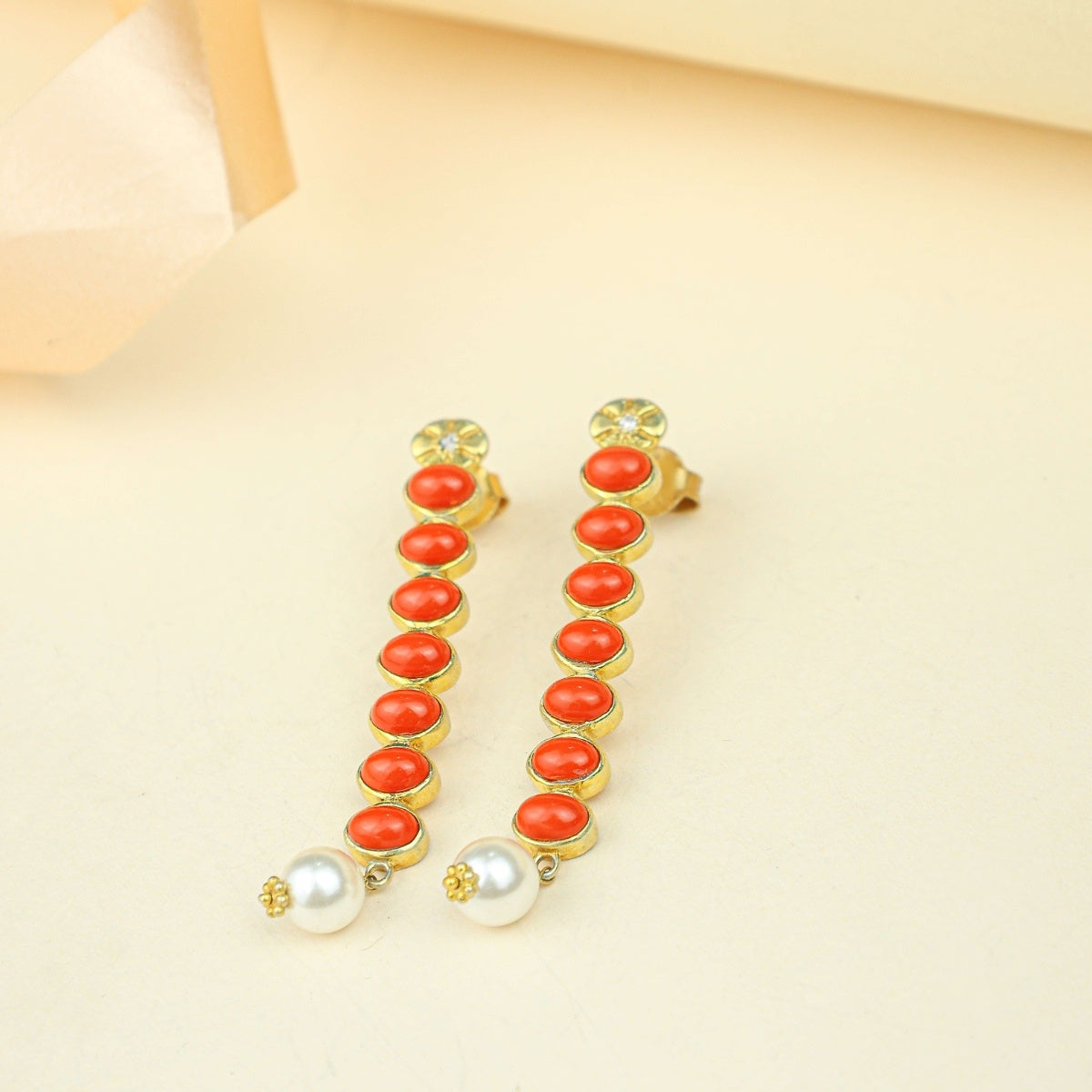 Anokhi Cascading Coral Pearl Drop Earrings – Gold Tone