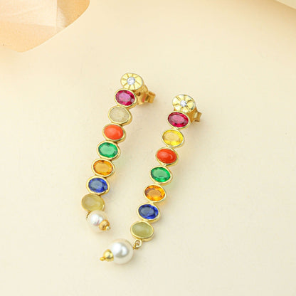 Anokhi Navratna Pearl Drop Earrings – Gold Tone