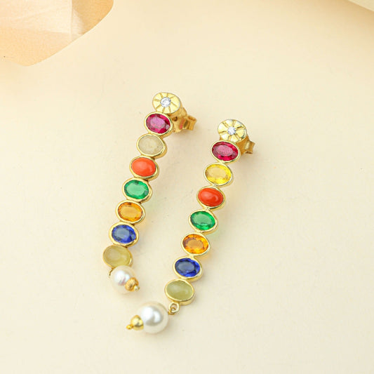 Anokhi Navratna Pearl Drop Earrings – Gold Tone