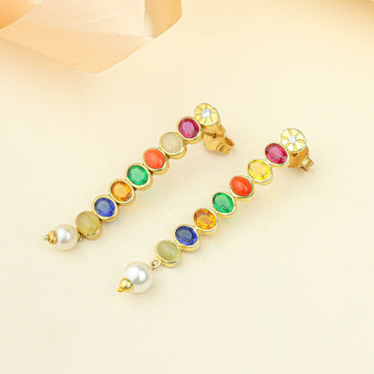 Anokhi Navratna Pearl Drop Earrings – Gold Tone