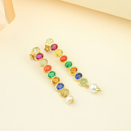 Anokhi Navratna Pearl Drop Earrings – Gold Tone