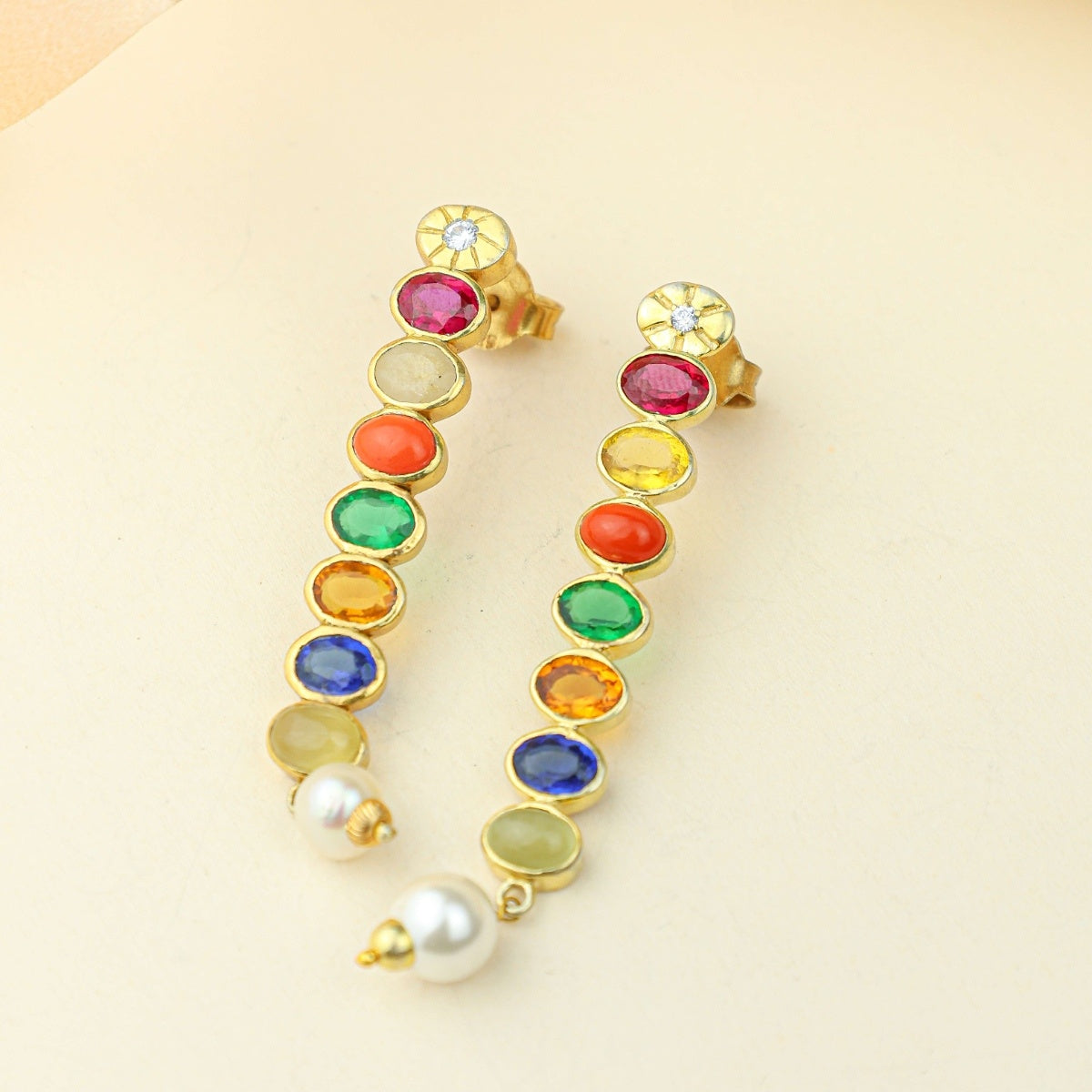 Anokhi Navratna Pearl Drop Earrings – Gold Tone