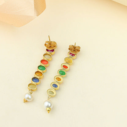 Anokhi Navratna Pearl Drop Earrings – Gold Tone