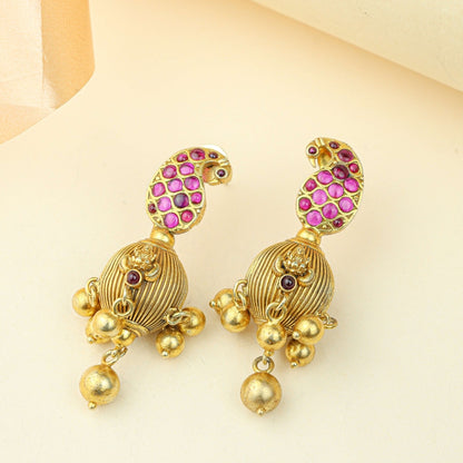 Anokhi Morni Kemp Stone Laxmi Temple Jhumka – Gold Tone