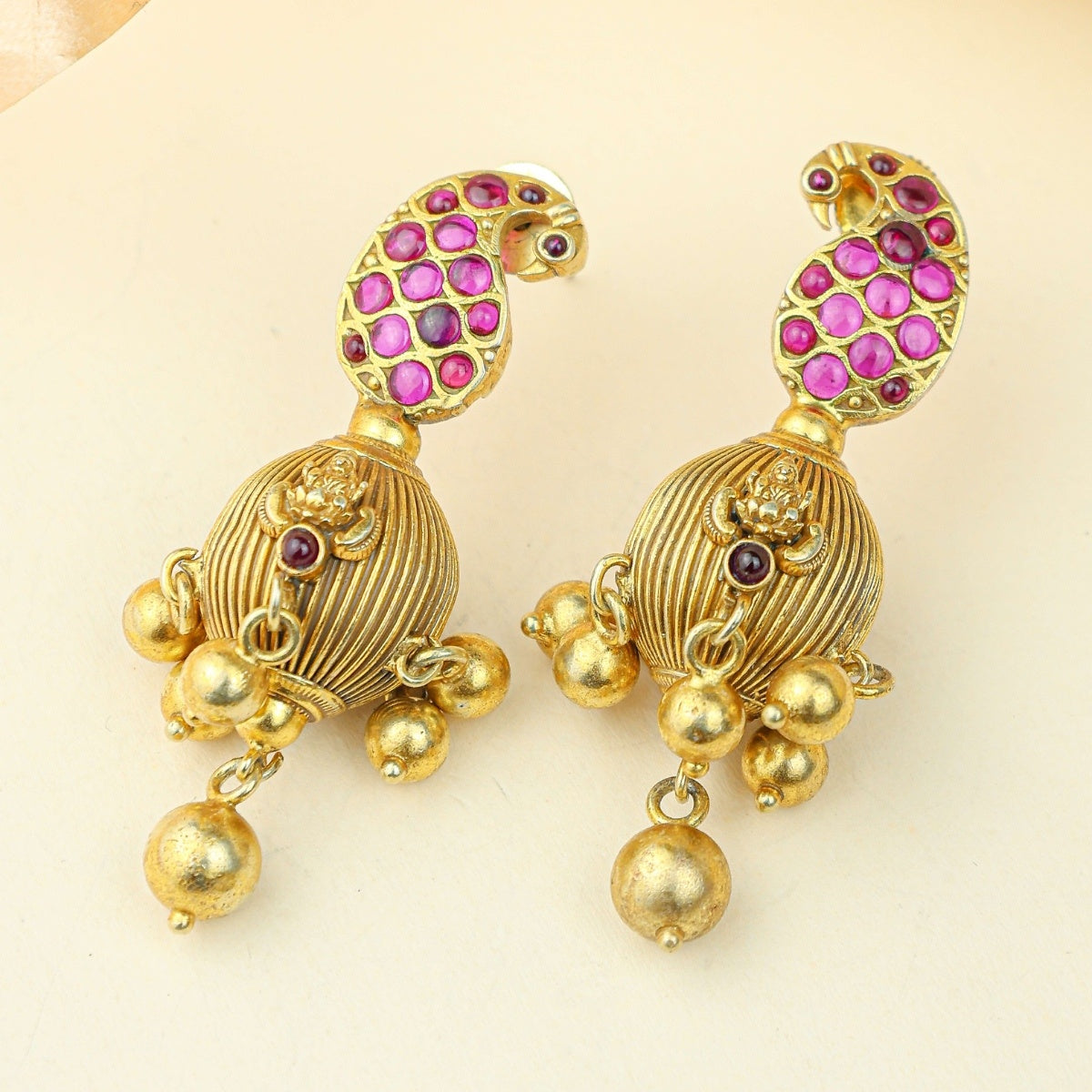Anokhi Morni Kemp Stone Laxmi Temple Jhumka – Gold Tone