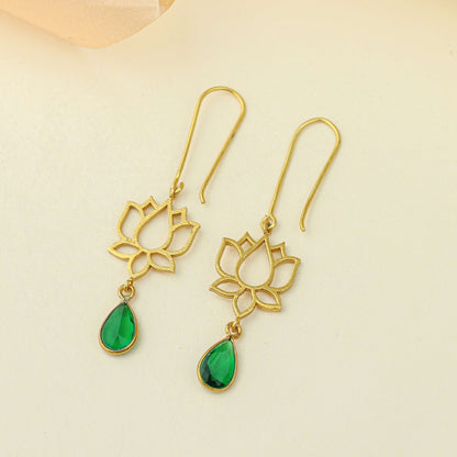 Anokhi Lotus Emerald Drop Earrings – Gold Tone