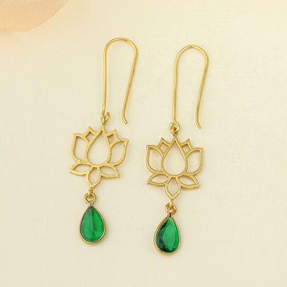 Anokhi Lotus Emerald Drop Earrings – Gold Tone