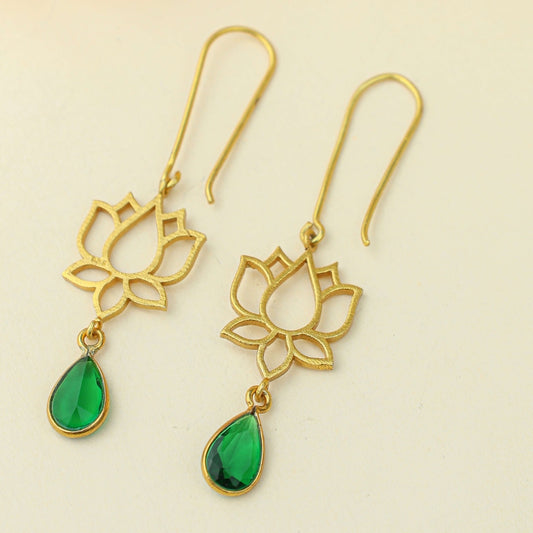 Anokhi Lotus Emerald Drop Earrings – Gold Tone