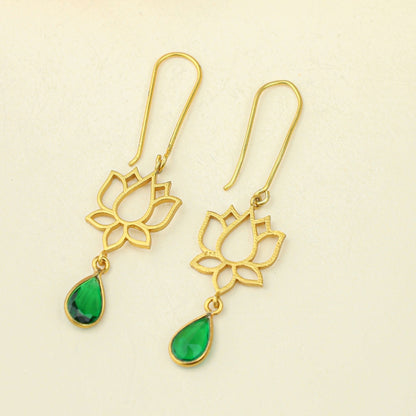 Anokhi Lotus Emerald Drop Earrings – Gold Tone